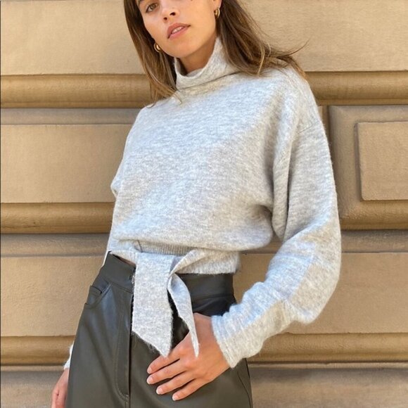 Aritzia Wilfred Lorin Italian Wool Sweater Tie Waist Funnel Neck Grey Size XS - Picture 1 of 10